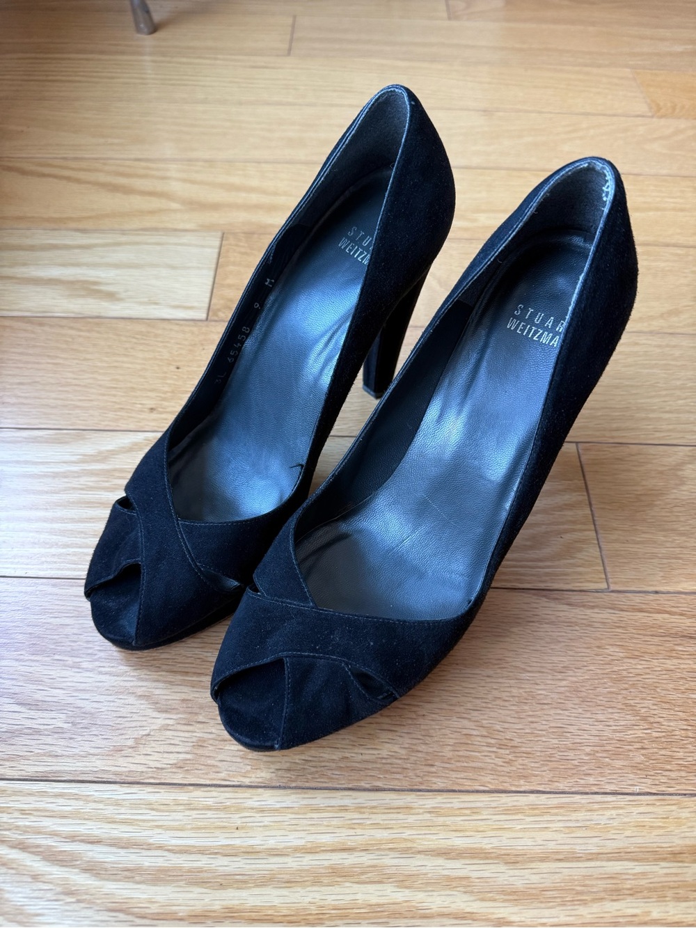 Stuart Weitzman Black Suede Peep-Toe Pumps